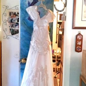 Vintage Ivory off shoulder beaded sequin bustled wedding gown